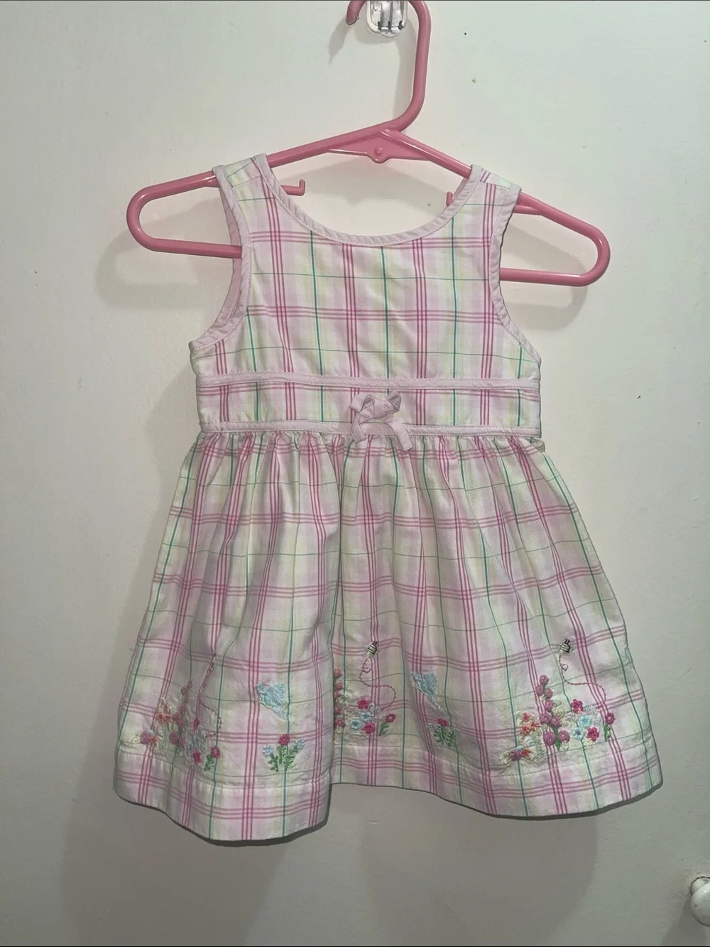 Vintage baby Gap Girls' Pink Plaid Sleeveless Dress Floral Embroidery Sz 6/12M